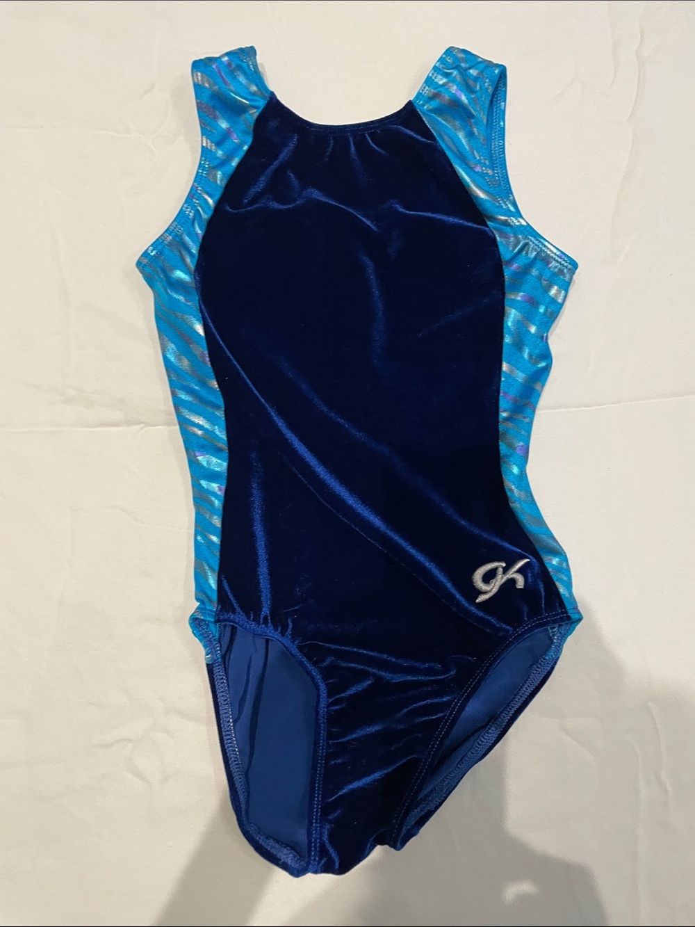 GK Navy and Light Blue Velvet Gymnastics Leotard - size AXS
